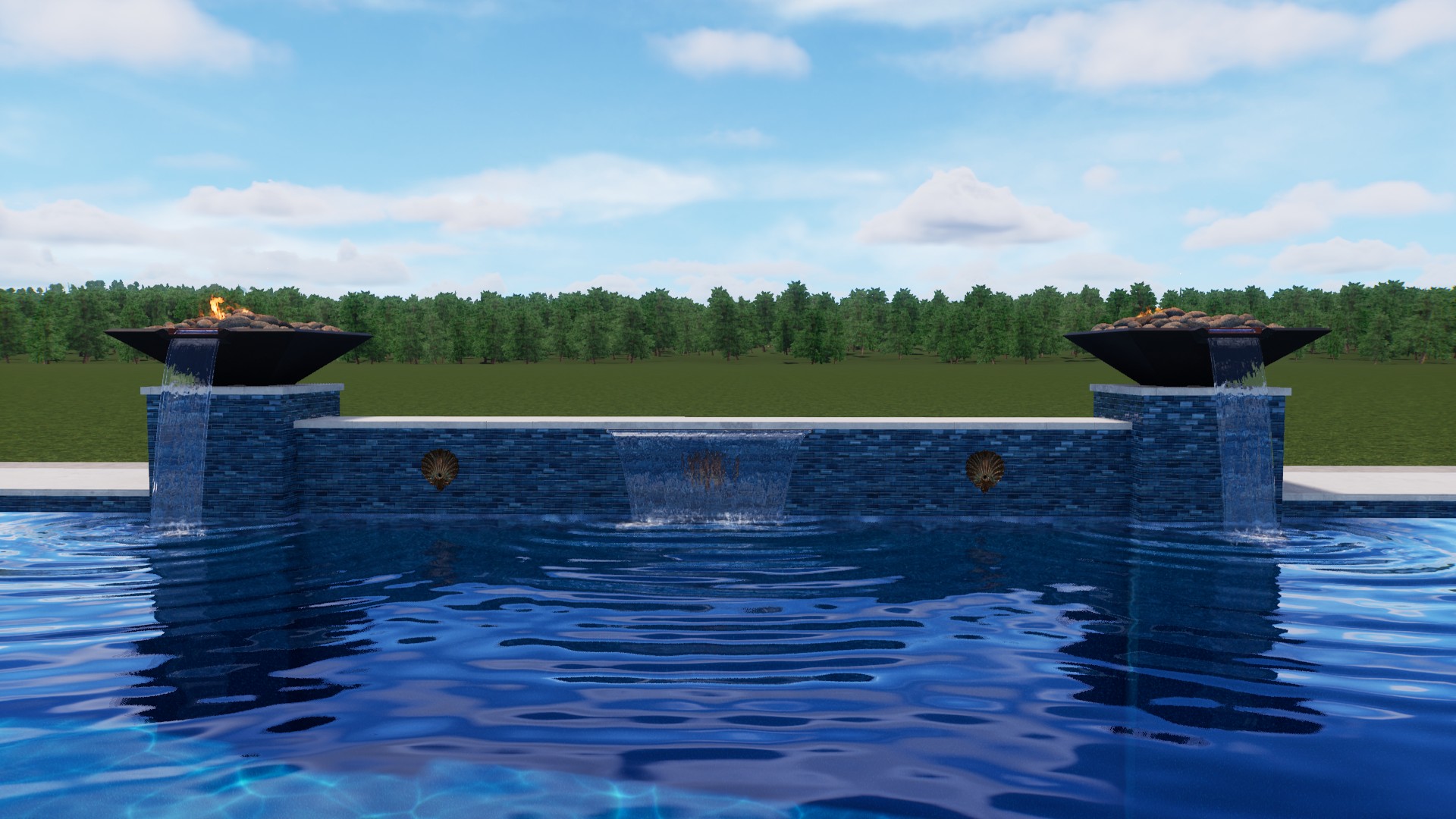 Luxury pool water features including fountains and waterfalls for enhanced relaxation