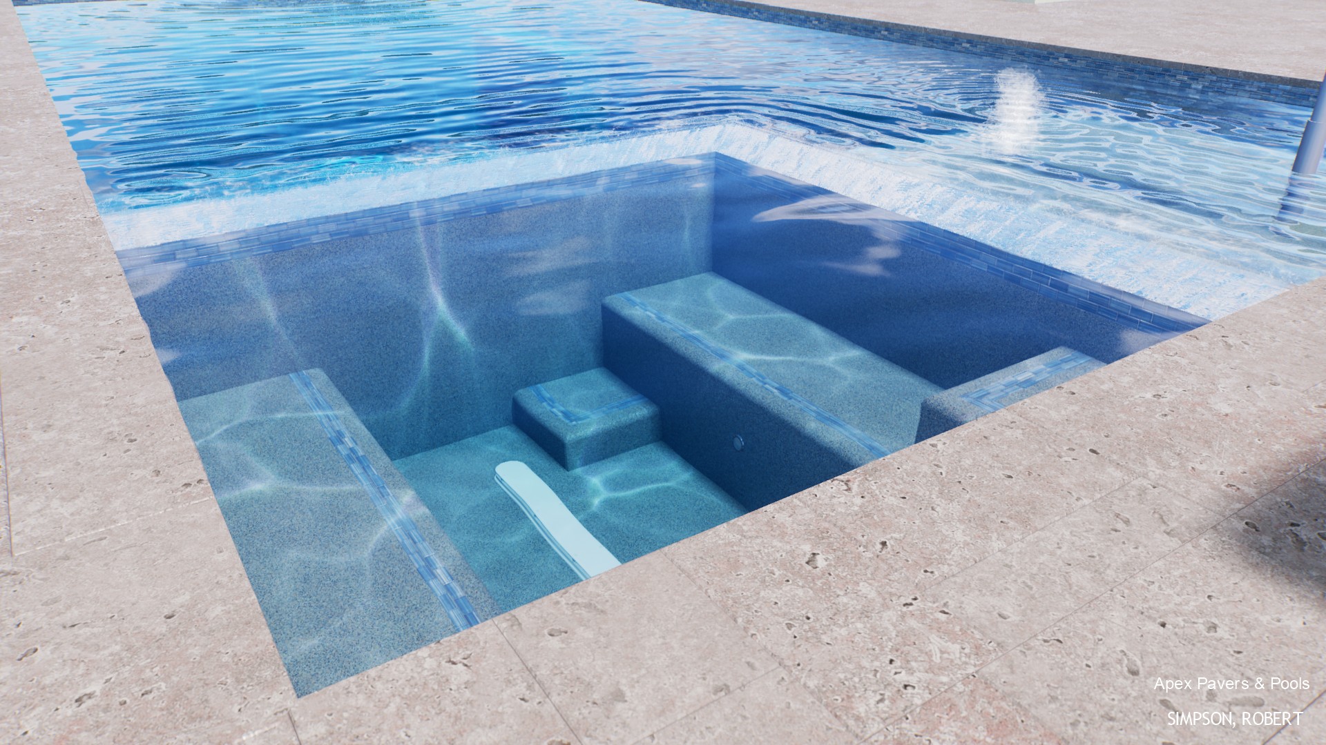 Custom integrated spa design seamlessly connected to luxury swimming pool