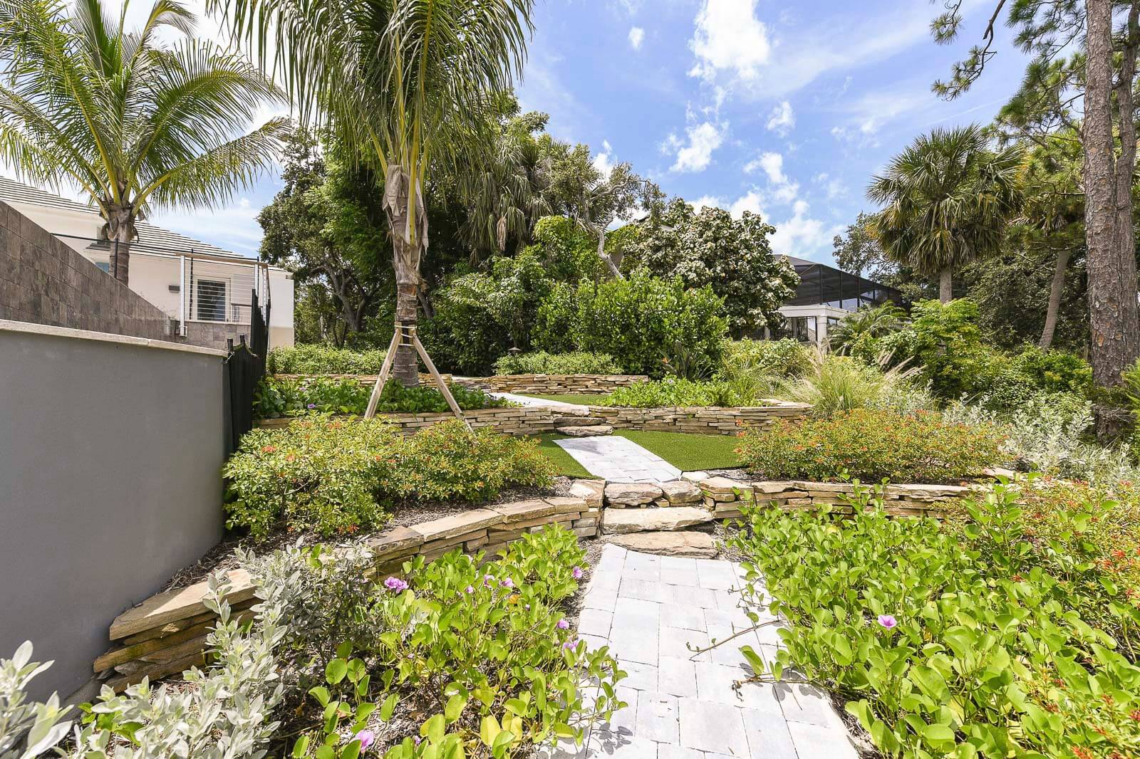 Beautiful landscape design with decorative retaining walls
